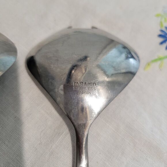 VTG 2pc Pyramid Stainless/Faux Wood Salad Servers 10 3/8" Japan EKCO Canoe Muffi - Picture 5 of 8